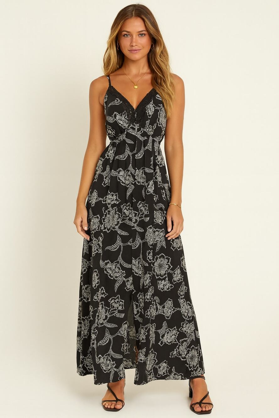 Wallflower Maxi Dress Size Small Black & White Floral Lace V-Neck Sleeveless, S